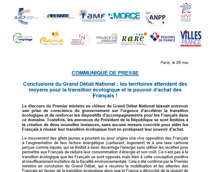 Conclusions du Grand Débat National : les territoires attendent des moyens pour la transition écologique et le pouvoir d’achat des Français !
