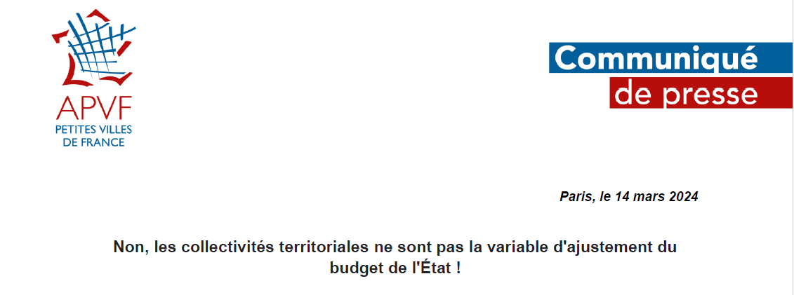 Pour l'APVF, "Non, les collectivités territoriales ne sont pas la variable d'ajustement du budget de l'Etat"